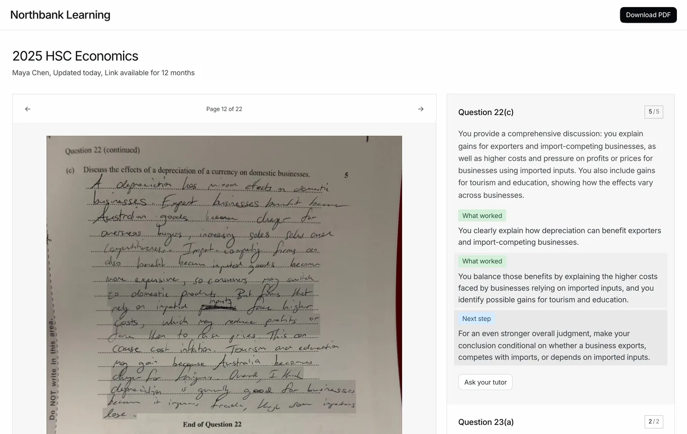 A student's feedback page from Northbank Learning showing question 22(c) marked 5 out of 5, with the tutor's comment beside the handwritten answer.